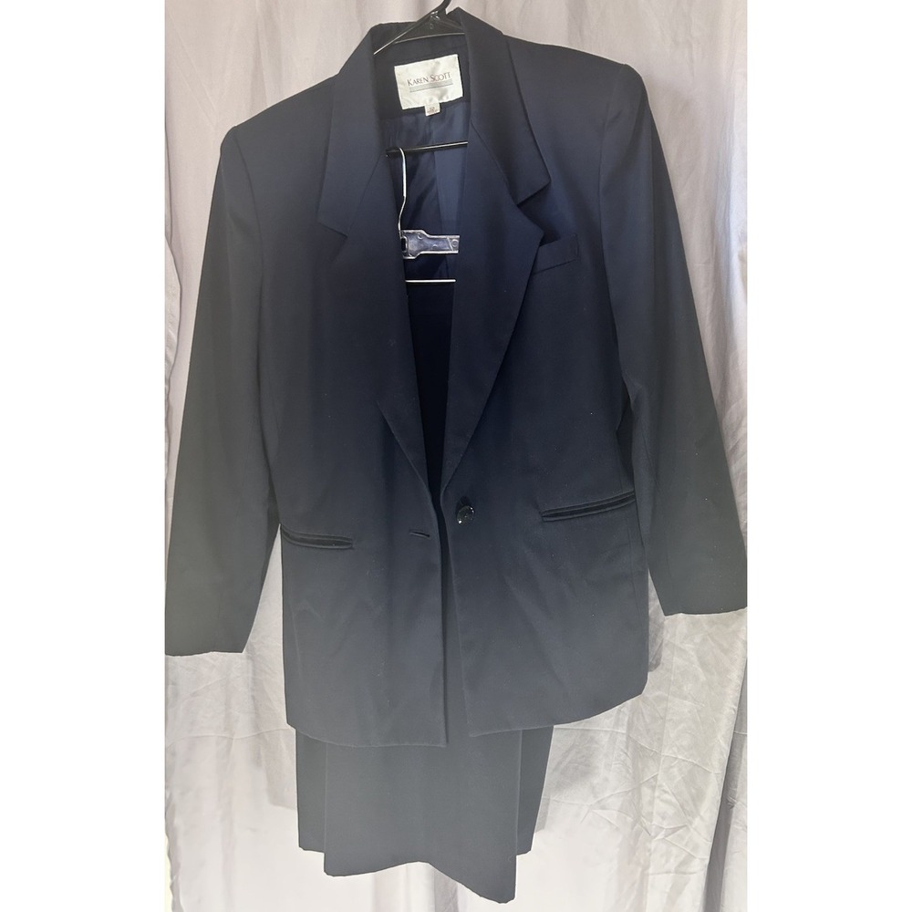 Vintage Karen Scott Navy 2 Pc Skirt Suit Womens 12 Blazer Pencil Skirt